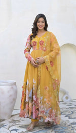 Thumbnail for Teeya Creation Yellow Color Faux Georgette Printed Party Wear Gown