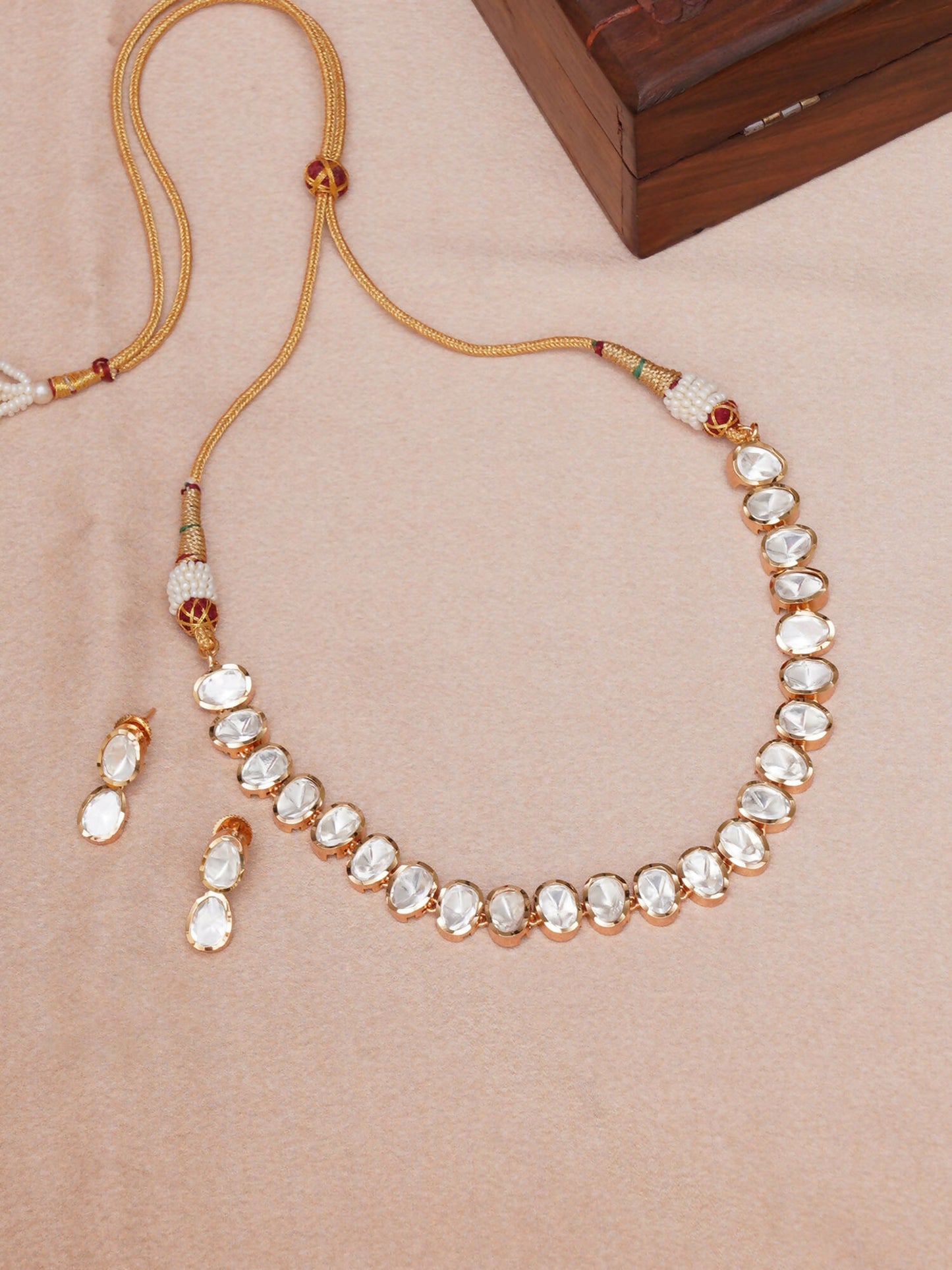 Kundan Choker with Studs Jewellery Set (Gold) - Ruby Raang - Distacart