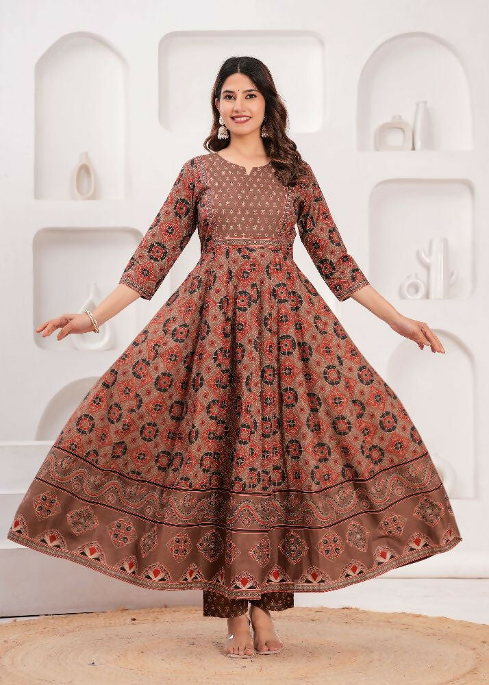 Jaimini Women Cotton Printed Round Neck Calf Length Flared Kurta Pant And Dupatta Set - Dista