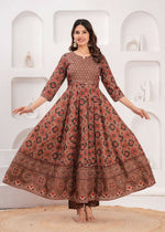 Thumbnail for Jaimini Women Cotton Printed Round Neck Calf Length Flared Kurta Pant And Dupatta Set - Dista