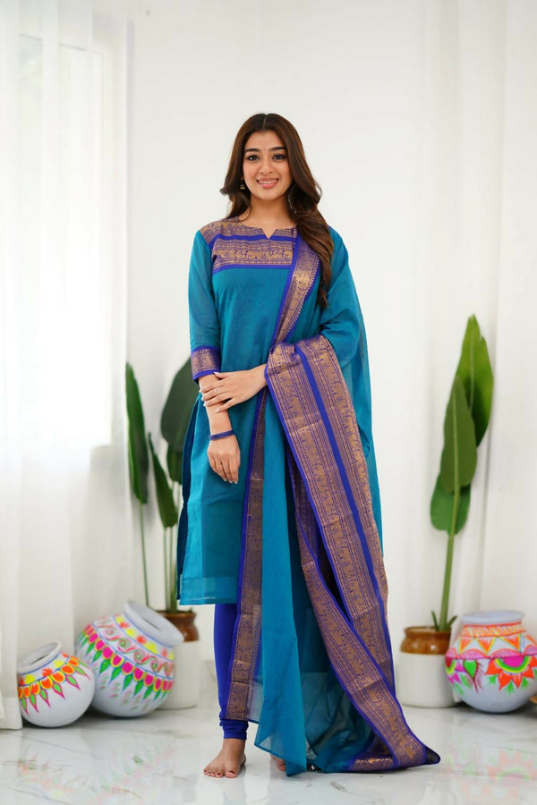 Divine Drape Women's Cotton Printed Straight Kurta With Dupatta - Sky Blue