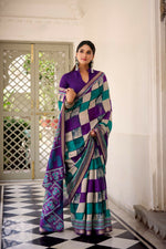 Thumbnail for Vastranavya Purple Viscose Chanderi Printed with Temple Border Saree & Unstitched Blouse - Distacart