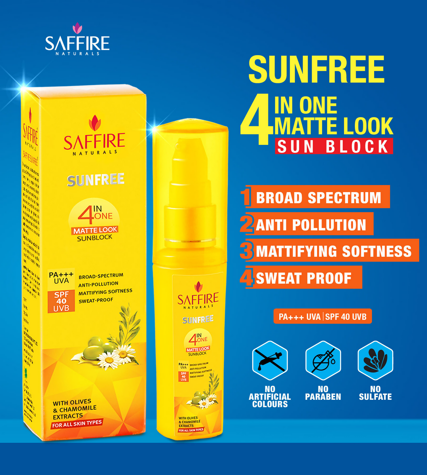 Saffire Naturals 4-In-One SunFree Matte Look SunBlock SPF 40 - Distacart