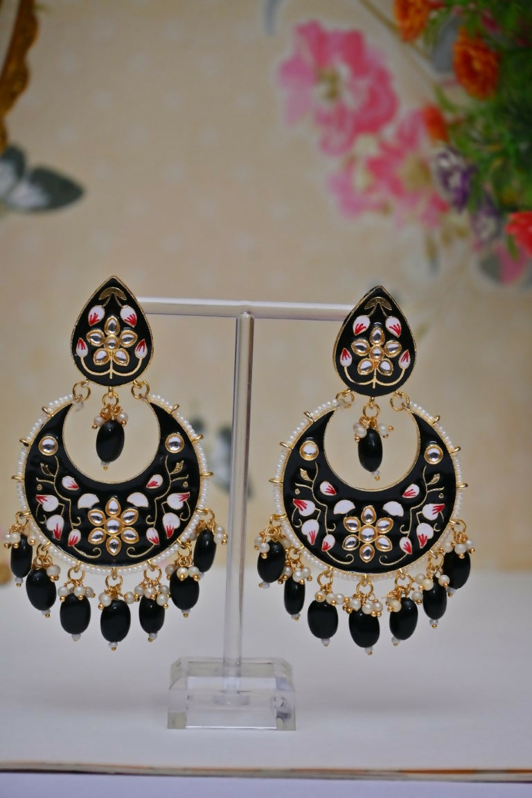 Black Gold-Polished Brass & Pearl Dangle Women Earrings| Hand Painted Meenakari Chandbali Traditional Ethnic Wear Earrings By House of Ree - Distacart