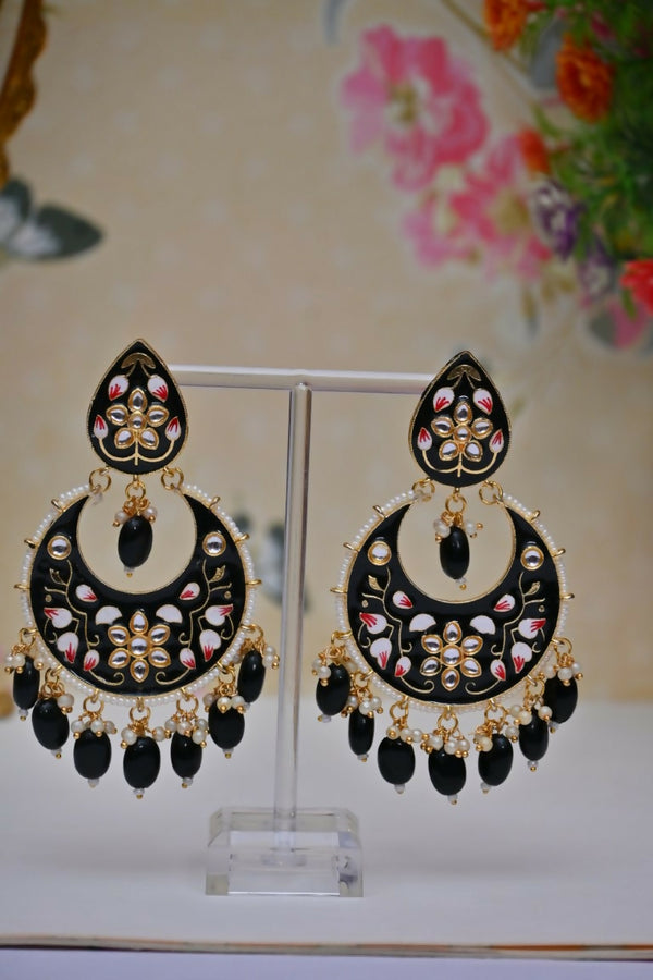 Black Gold-Polished Brass & Pearl Dangle Women Earrings| Hand Painted Meenakari Chandbali Traditional Ethnic Wear Earrings By House of Ree - Distacart