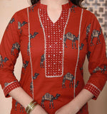 Thumbnail for Miravan Womens Rust Animal Printed Three Quarter Sleeves Pure Cotton Kurta With Palazzo - Distacart