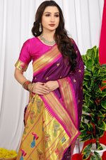 Thumbnail for Jyoti Fashion Women's Wine Paithani Silk Zari Woven Saree with Blouse - Distacart