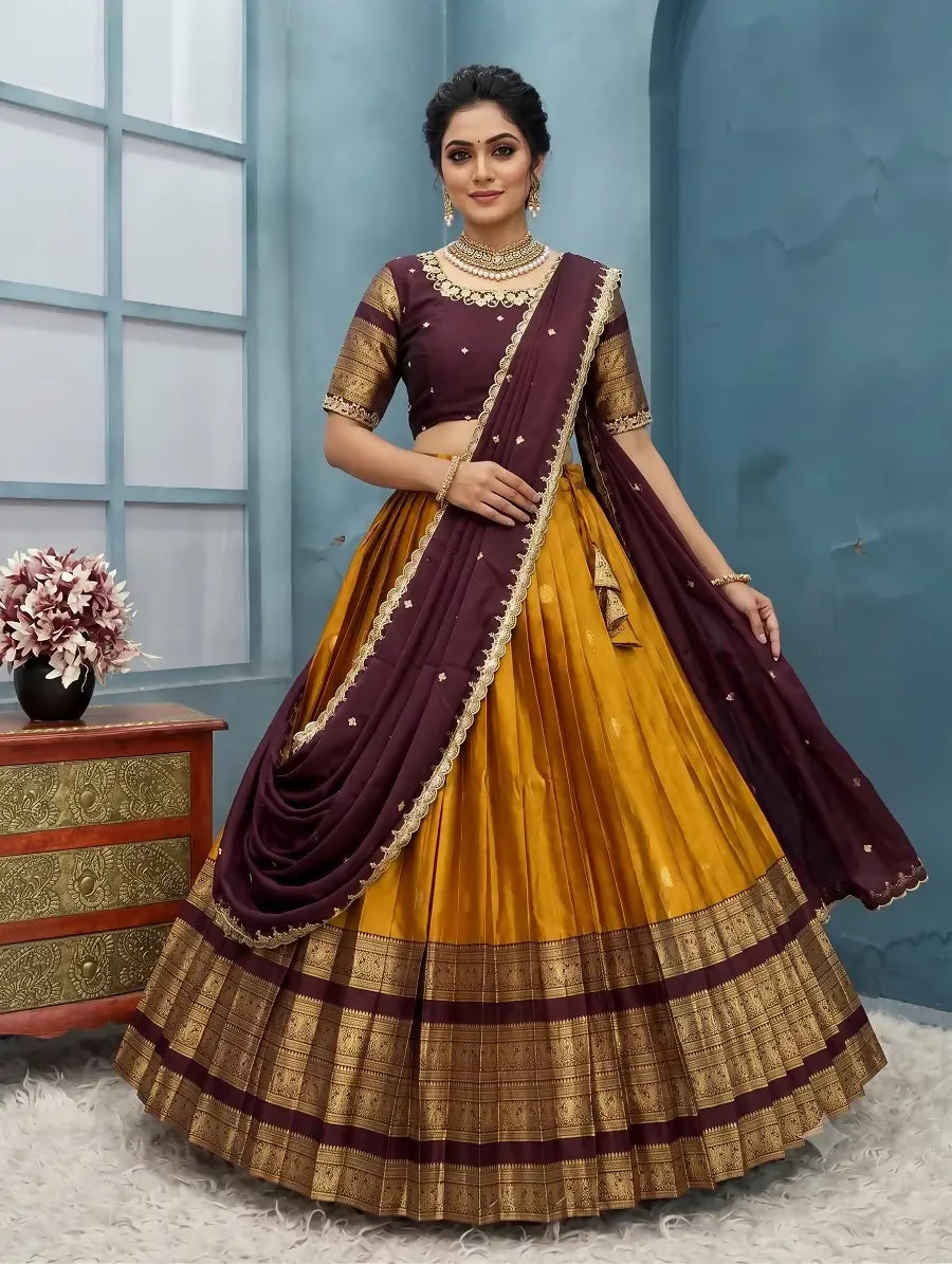Teeya Creation Mustard Traditional Half Saree Set with Maroon Embroidered Blouse & Dupatta