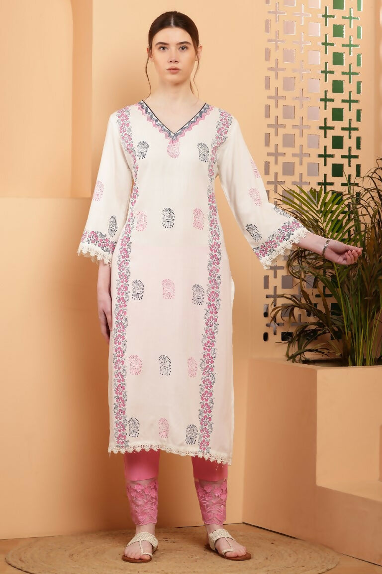 Cheera Women Stylish Hand Block Printed Cotton Blend Flared Kurta - Off White - Distacart