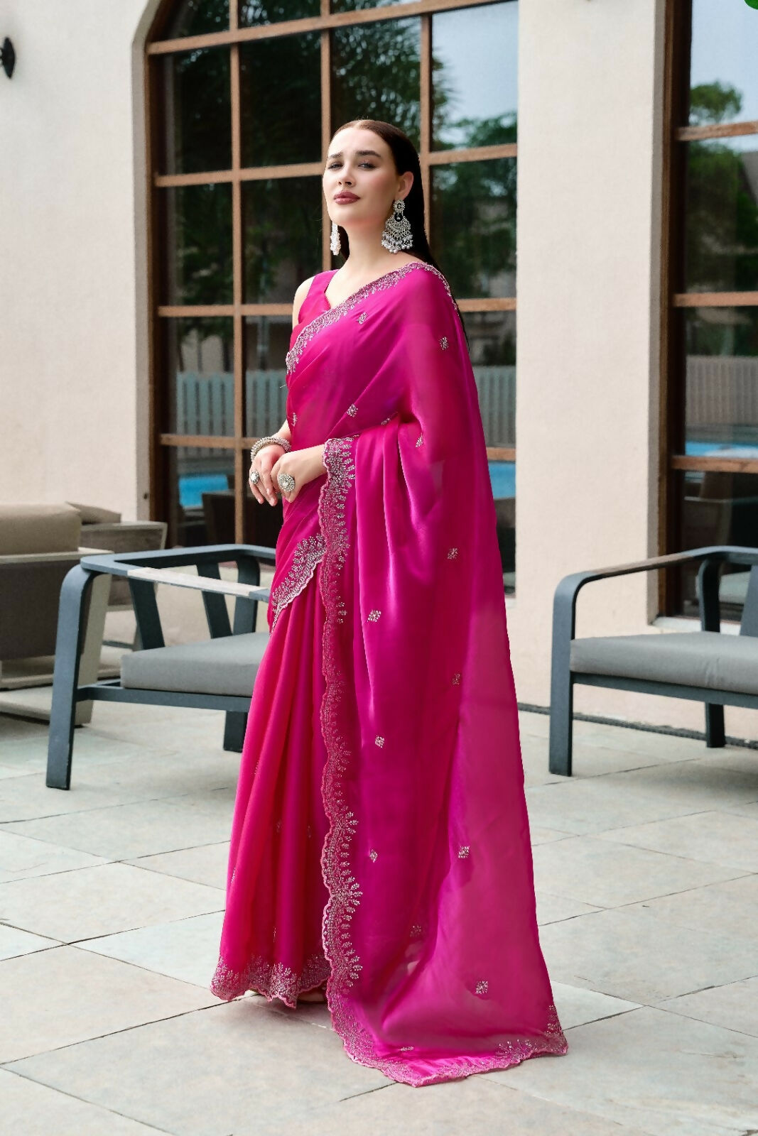 Vastranavya Pink Embroidery Work Shimmer Chiffon Saree with Unstitched Blouse