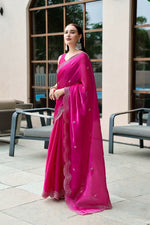 Thumbnail for Vastranavya Pink Embroidery Work Shimmer Chiffon Saree with Unstitched Blouse