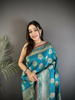 Thumbnail for Joban Fashion Teal Ethnic Floral Motifs Soft Lichi Silk Banarasi Saree - Distacart