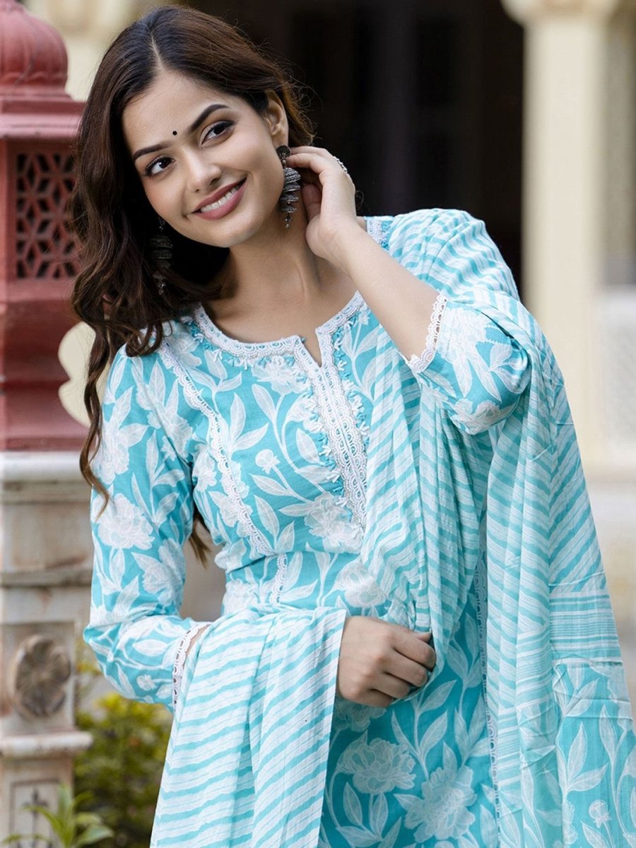 Anouk Floral Embroidered Regular Pure Cotton Straight Kurta with Pyjamas & Dupatta - Distacart