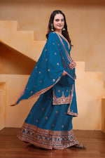 Thumbnail for Joban Fashion Teal Silk Embroidered Sharara Set - Distacart