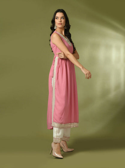 Myshka Women's Pink Solid Georgette Anarkali Party Kurta Set - Distacart
