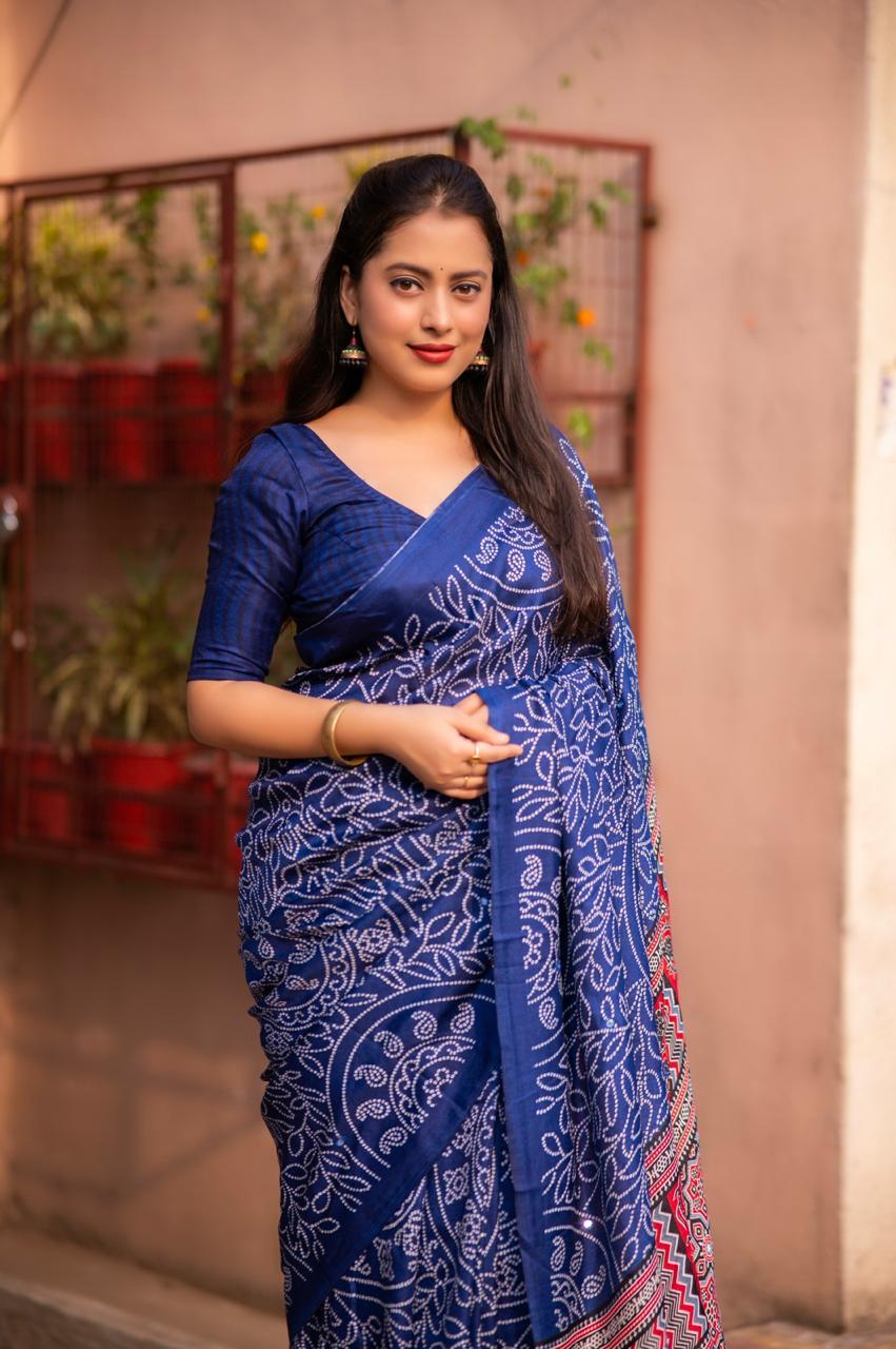Blue Silk Blend Ajrak Saree with Unstitched Blouse - A2M - Distacart