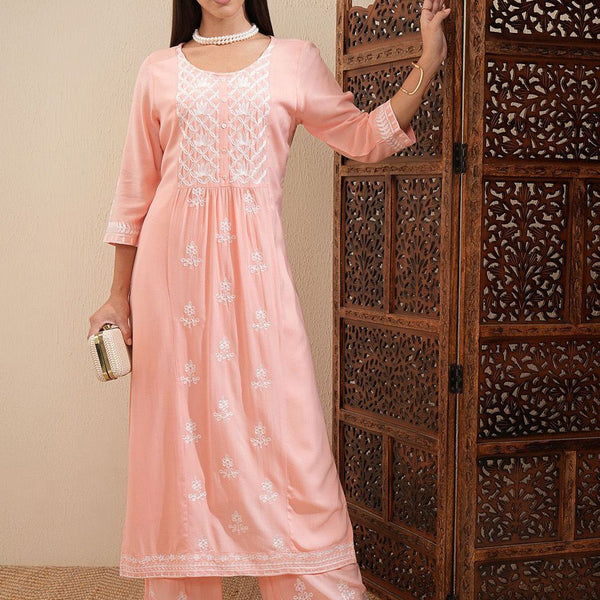 Vishudh Peach-Coloured Floral Embroidered Thread Work Straight Kurta With Palazzos - Distacart