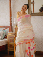 Thumbnail for Prime Volt Women's Off-White Floral Digital Print Soft Linen Saree With Blouse - Distacart