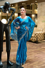 Thumbnail for Vastranavya Sea Blue Embroidery Work Shimmer Chiffon Saree with Unstitched Blouse