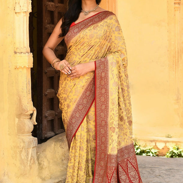 Joban Fashion Yellow Crepe Chiffon Pure Handloom Banarasi Silk Saree