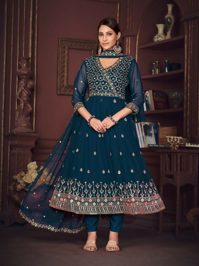 Jyoti Fashion Women's Rama Georgette Embroidered Anarkali Kurta Pant Set With Dupatta - Distacart