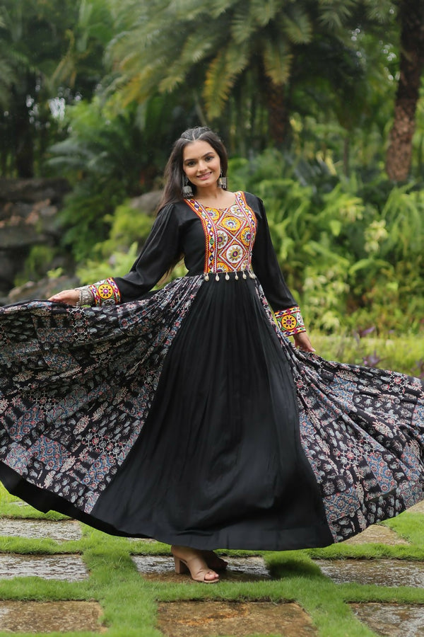 Preksha Creation Indian Festival Special Women Reyon With Kutchi Gamthi Work Gown - Black - Distacart