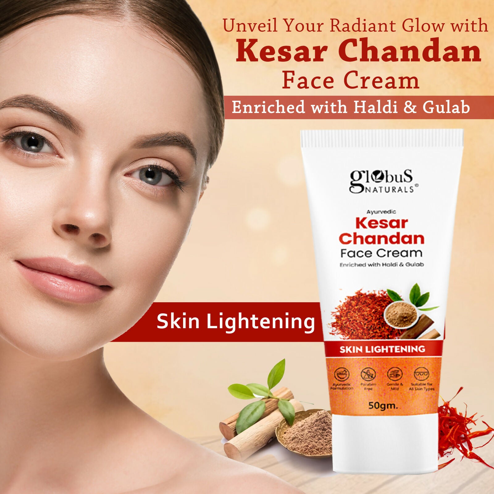 Globus Naturals Daily Glow Kesar Chandan Face Cream with SPF, Skin Lightening Formula For All Skin Types