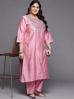 Thumbnail for Sztori Plus Size Geometric Embroidered Mirror Work Straight Kurta with Trousers - Distacart