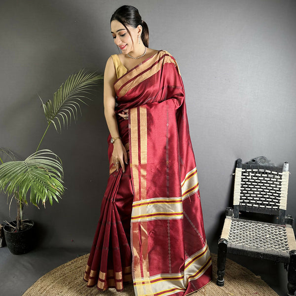 Joban Fashion Red Woven Pattern Raw Silk Kanjivaram Silk Saree - Distacart
