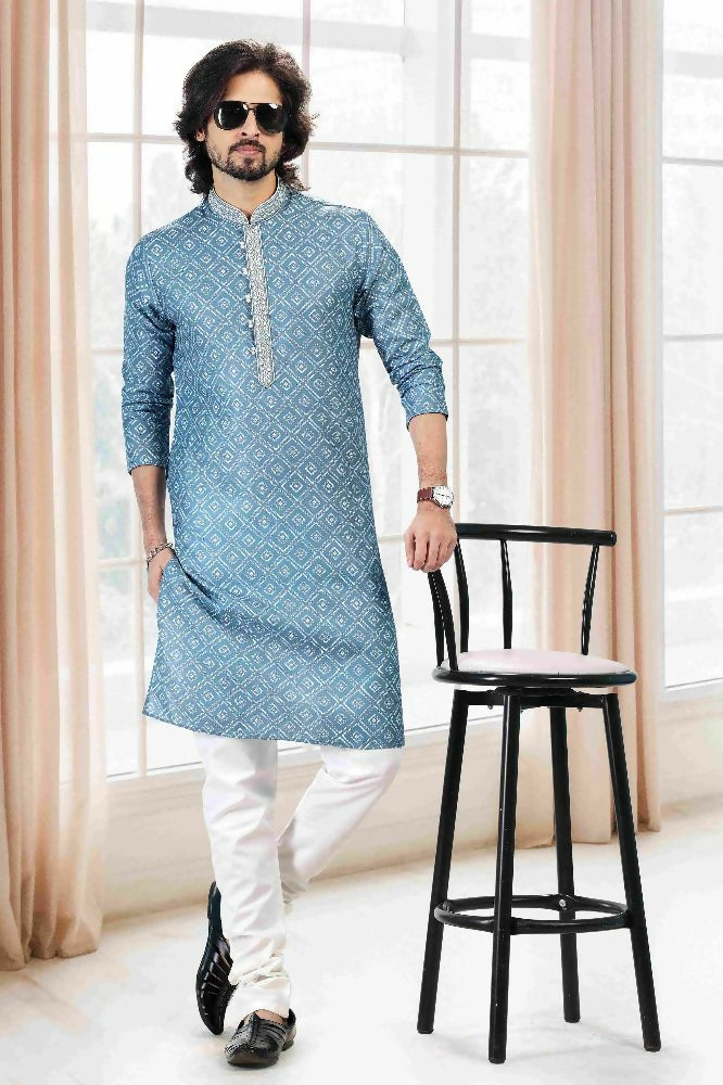 Raivat Ethnic Cotton Thread Work Kurta Pajama In Blue Colour - Dista