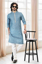 Thumbnail for Raivat Ethnic Cotton Thread Work Kurta Pajama In Blue Colour - Dista