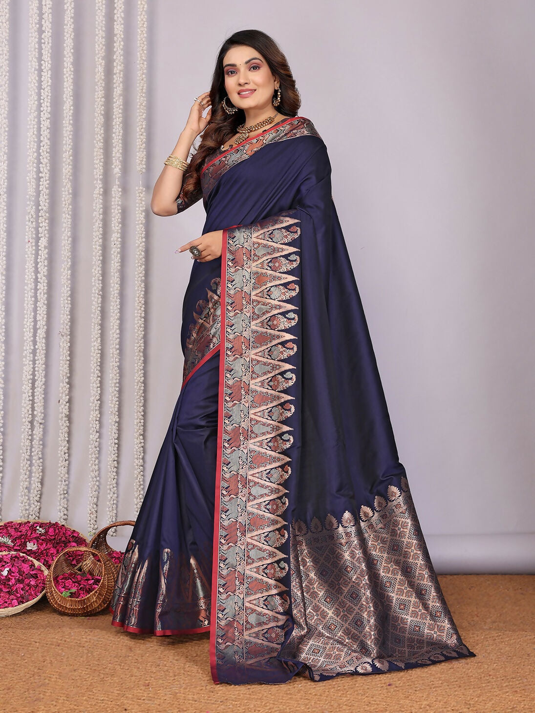 Joban Fashion Banarasi Navy Blue Jacquard Woven Soft Silk Saree