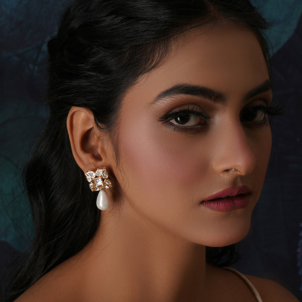 Kundan Studs with Pearl Drop (Gold) - Ruby Raang - Distacart