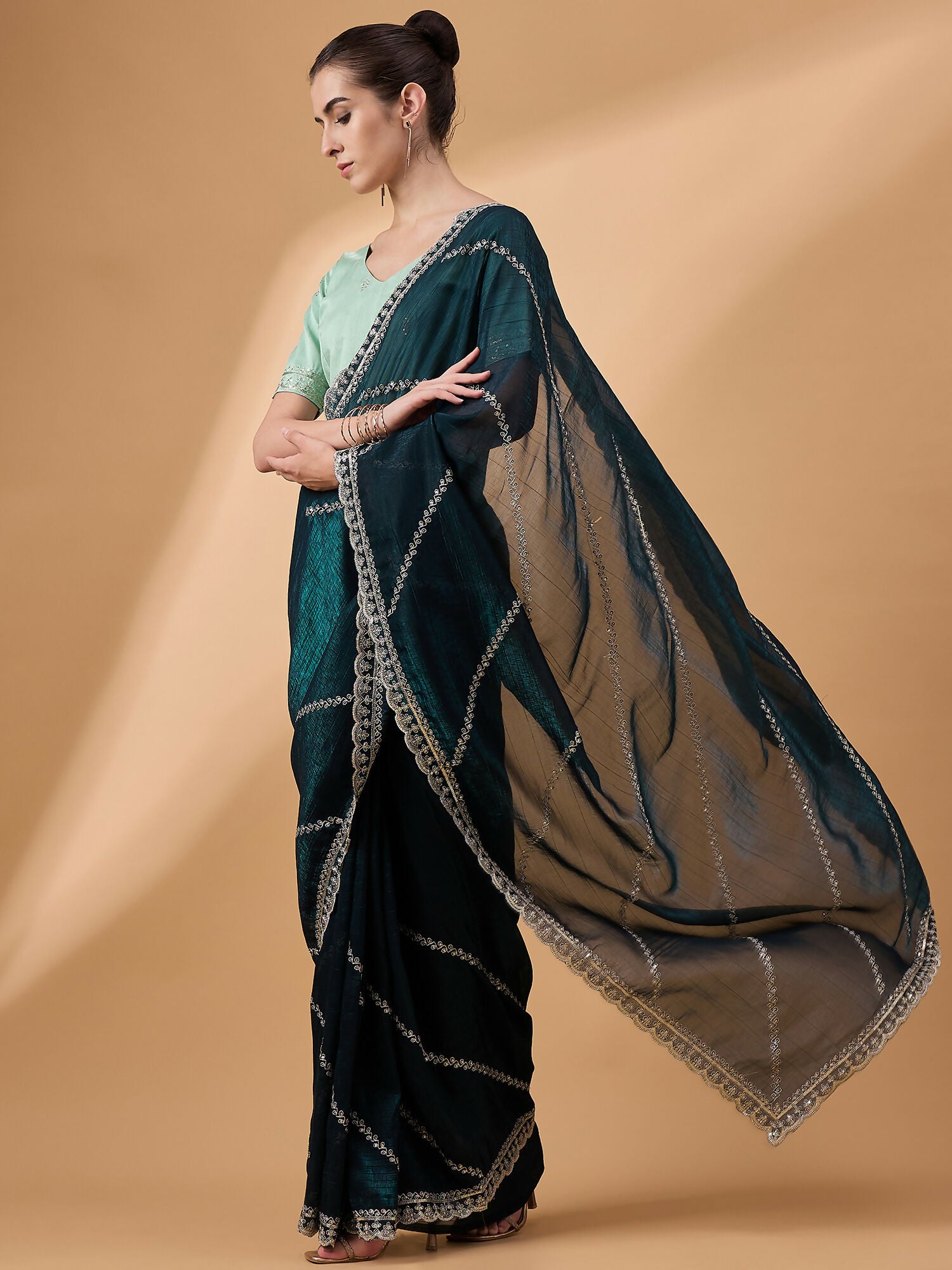 Blue Muslin Embroidered Saree with Unstitched Blouse Piece - Satya - Distacart