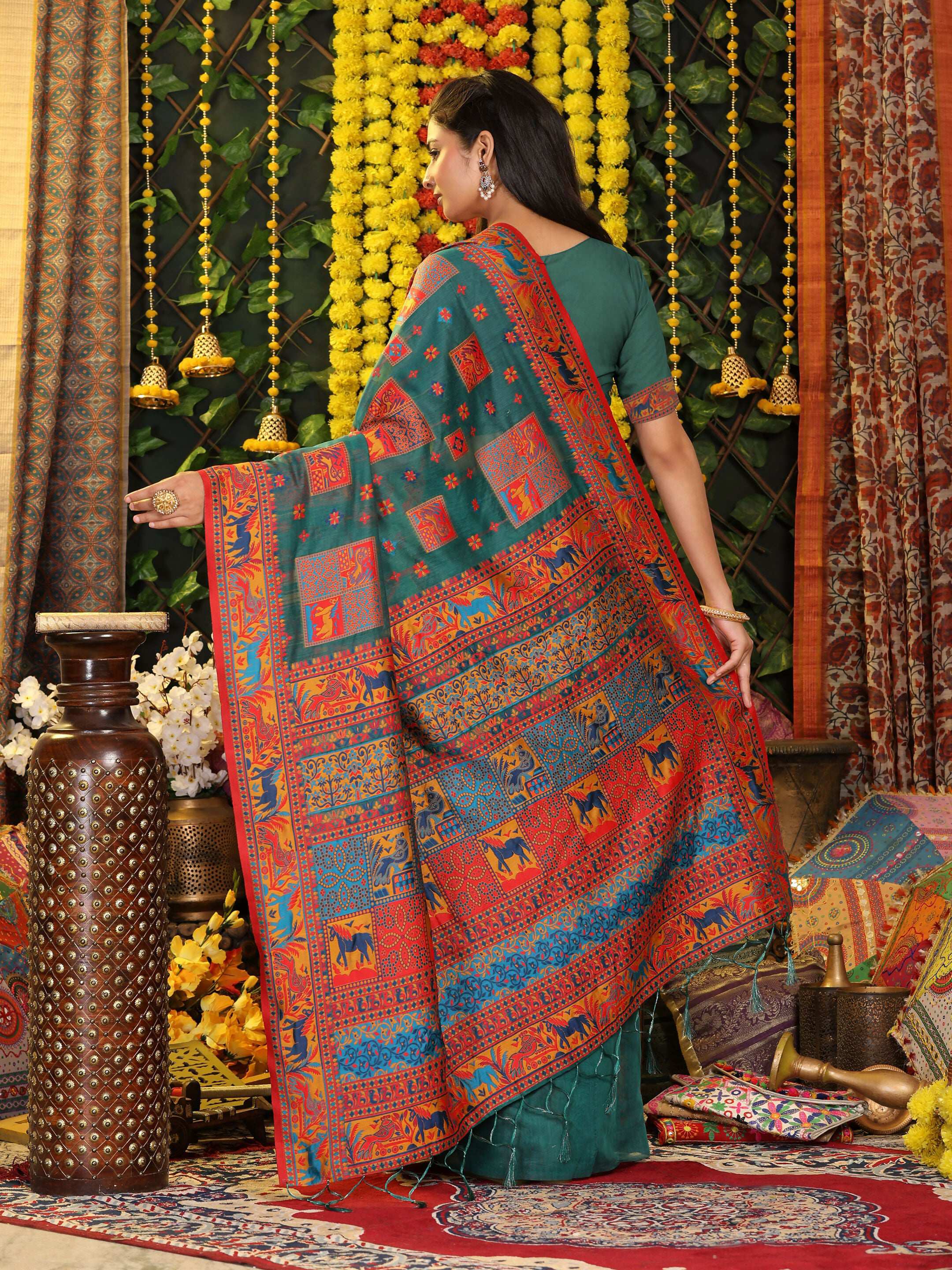 Astita Linen Cotton Rama Green Saree