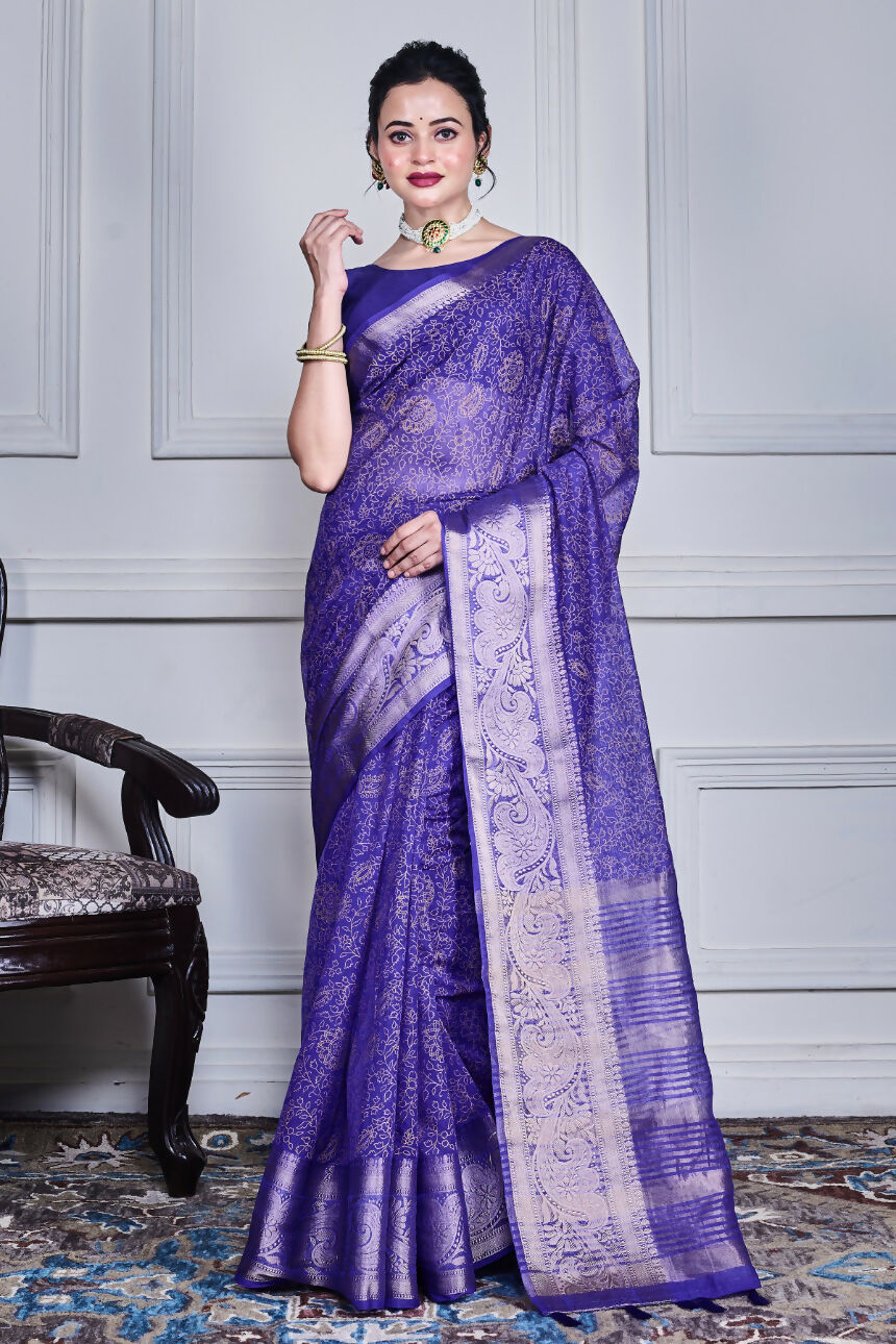 Morchari Dark Blue Script Printed Orzanga Saree Unstitched Blouse