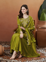 Thumbnail for The52 Light Green Women's Beautiful Vichitra Silk Fabric Embroidered Work Flared Anarkali Pant and Dupatta Set - Distacart
