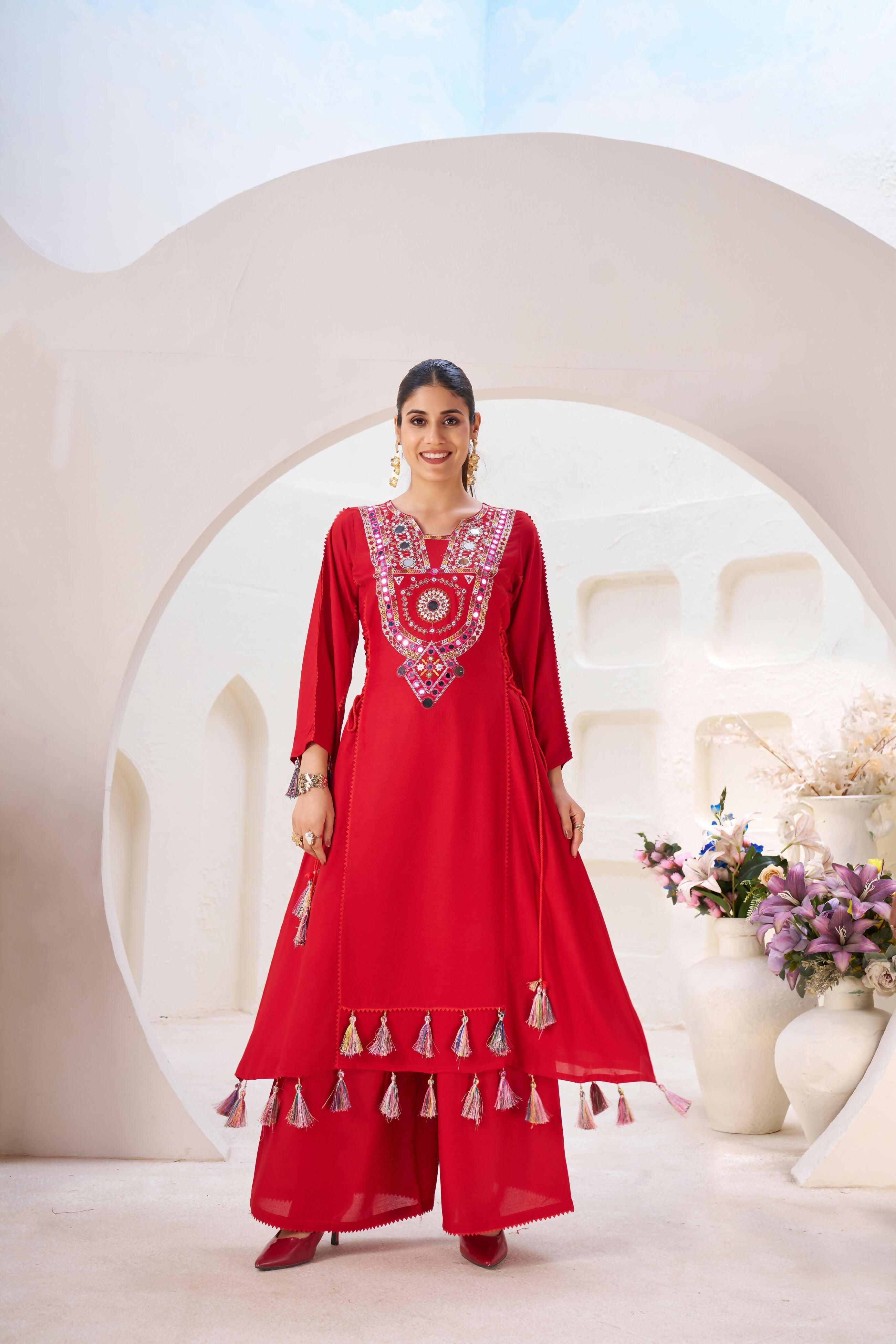 Joban Fashion red Palazzo Rayon Coding Dori with Sequence with Rivet Moti