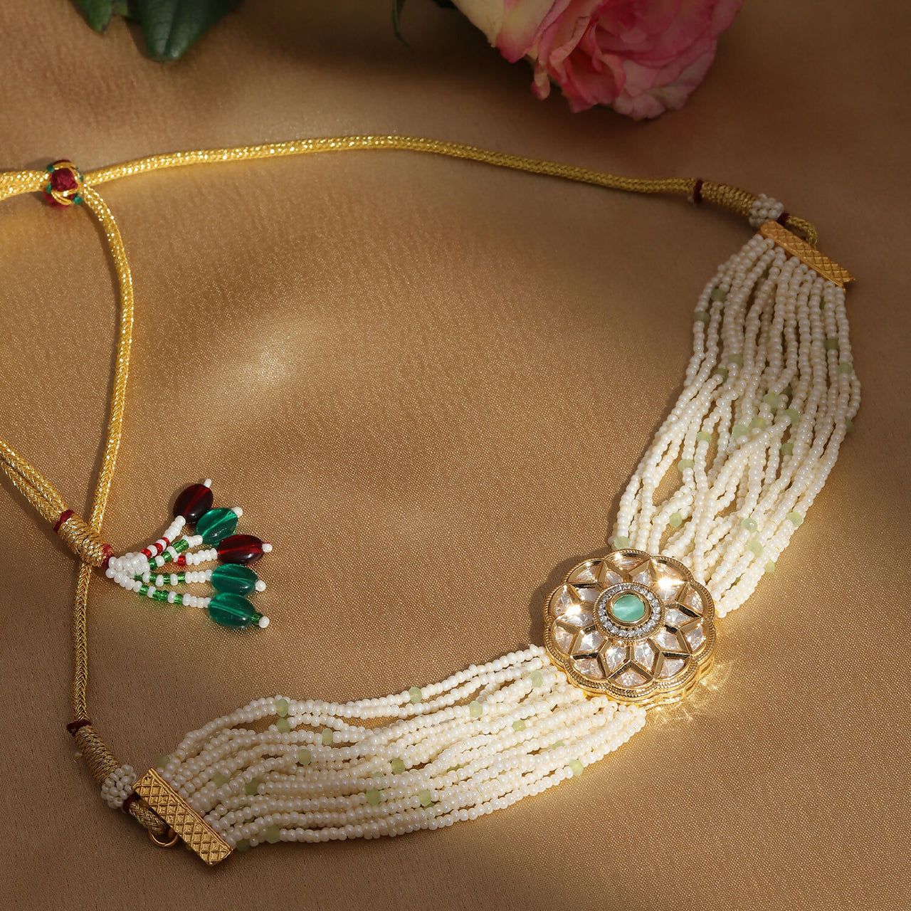 Pearl and Kundan Choker with Intricate Flower Design (White) - Ruby Raang - Distacart