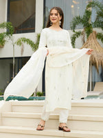 Thumbnail for The52 White Women's Beautiful Rayon Slub Fabric Embroidered Work Straight Kurta, Pant and Dupatta Set - Distacart