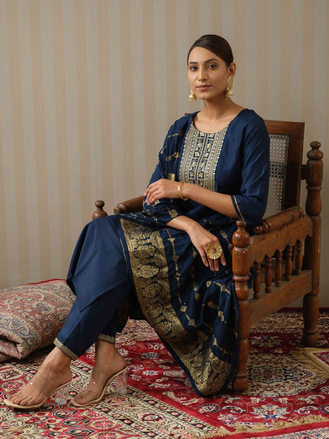 Ode by House of Pataudi Floral Yoke Design Silk Straight Kurta & Trousers With Dupatta - Distacart