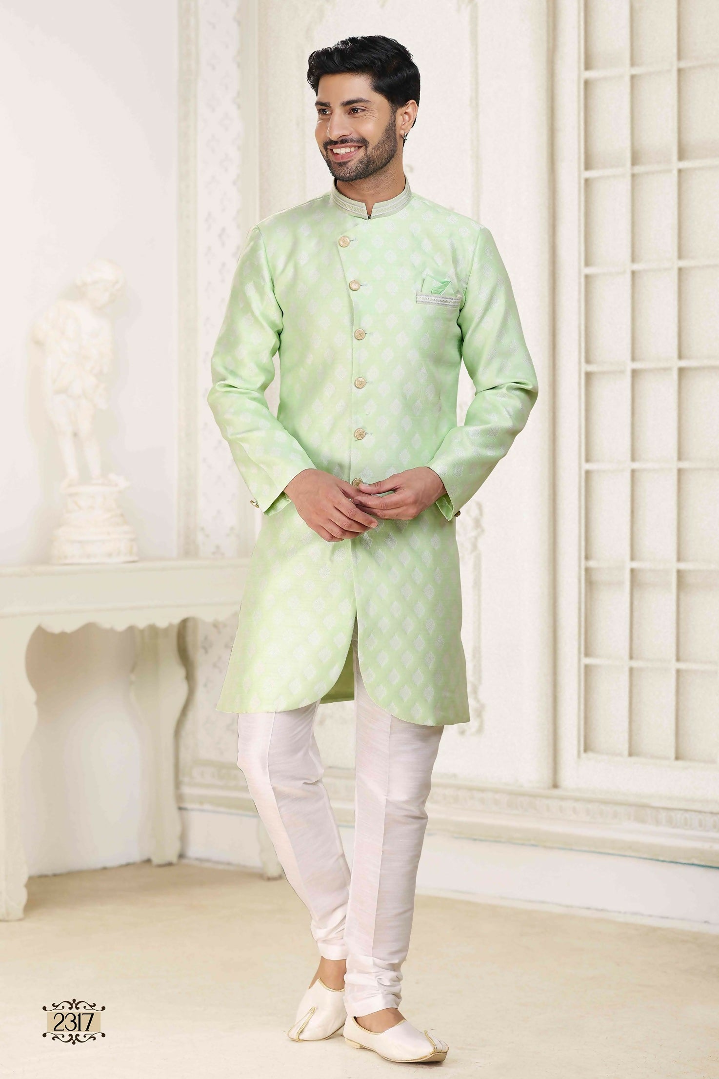 Raivat Ethnic Banarasi Jacquard Embroidery Semi Indo Western Sherwani In Pista Green Colour