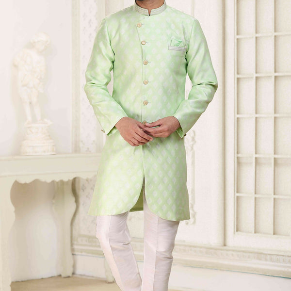 Raivat Ethnic Banarasi Jacquard Embroidery Semi Indo Western Sherwani In Pista Green Colour - Distacart