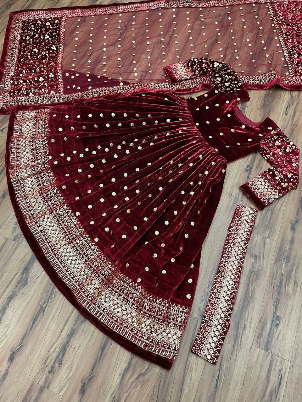 Vastranavya Wine Viscose Velvet Sequence Embroidery Work Gown Dupatta With Belt - Distacart