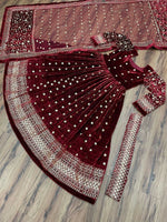 Thumbnail for Vastranavya Wine Viscose Velvet Sequence Embroidery Work Gown Dupatta With Belt - Distacart