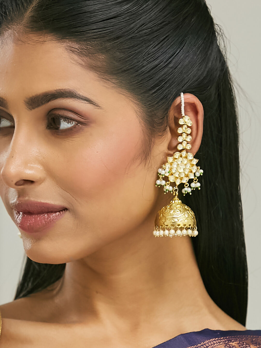 Nuyug 22K Gold-Plated Floral Jhumki Kundan Studded Kanauti Earrings