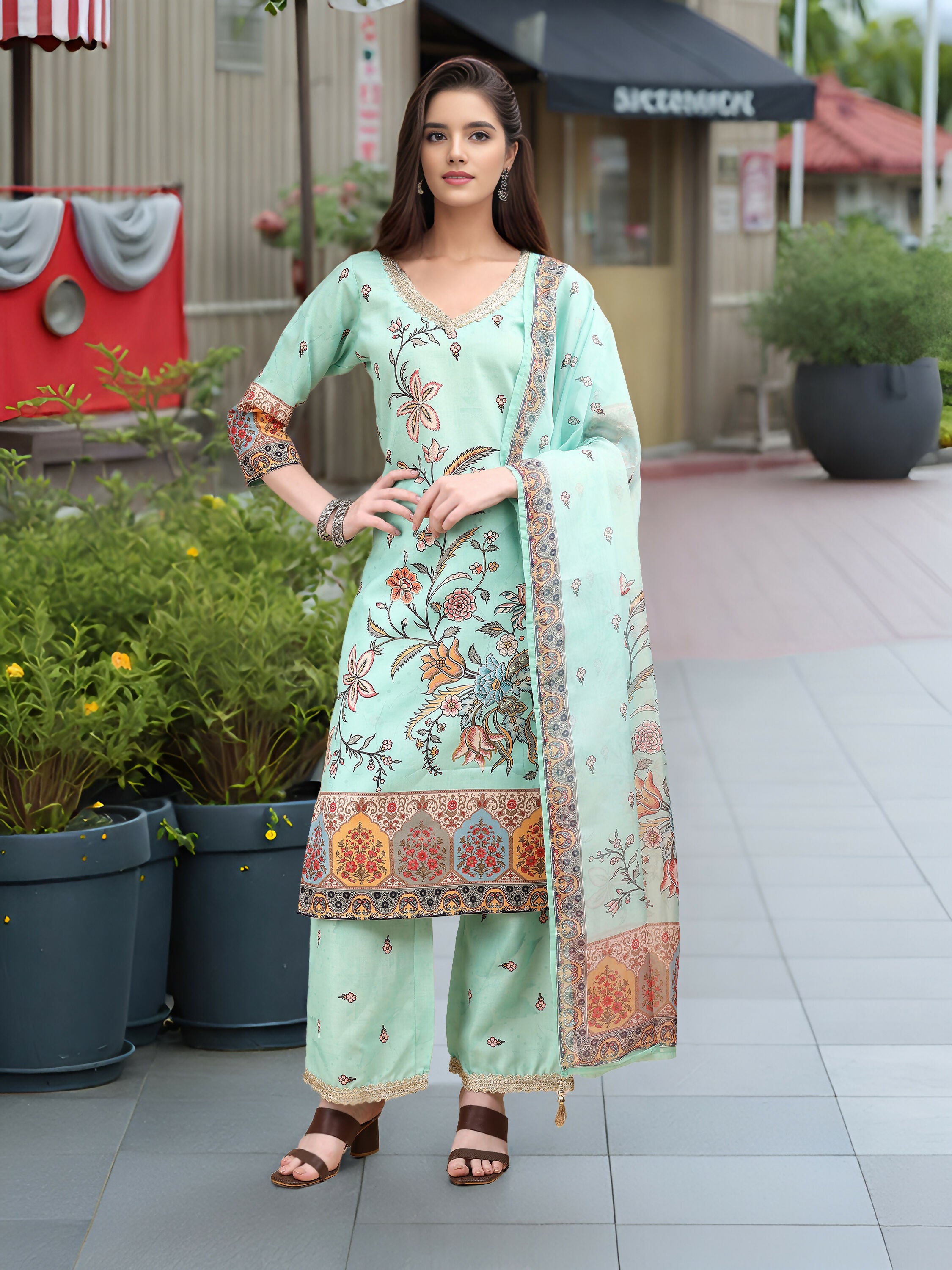 Joban Fashion Sky Blue Positive Digital Print With Position Foil Kurta Set