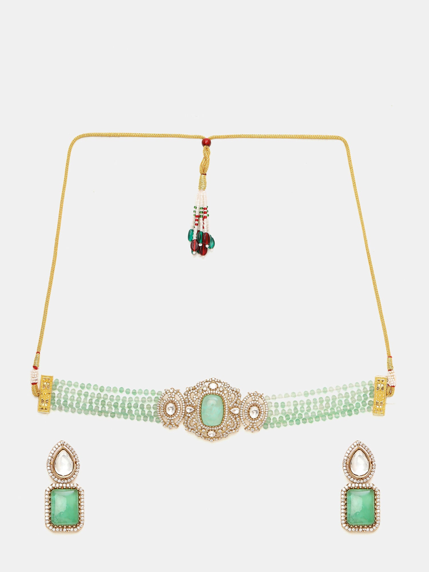 Ruby Raang 22k Gold Polished Green Stone And Moissanite Necklace With Matching Earrings