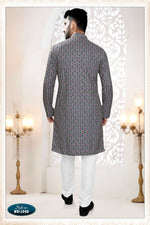 Thumbnail for Joban Fashion Men's Blue Straight Rayon Thread And Sequence Embroidery All Over Kurta Set - Distacart