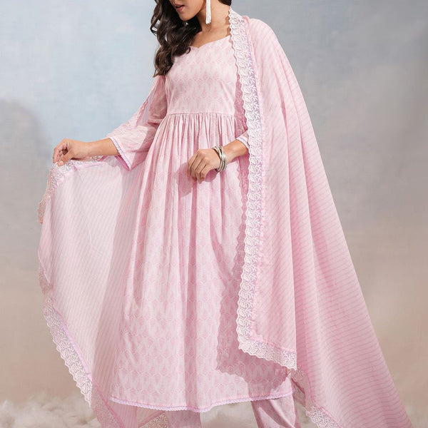 Vishudh Pink Ethnic Motifs Printed Pure Cotton Anarkali Kurta With Trousers & Dupatta - Distacart